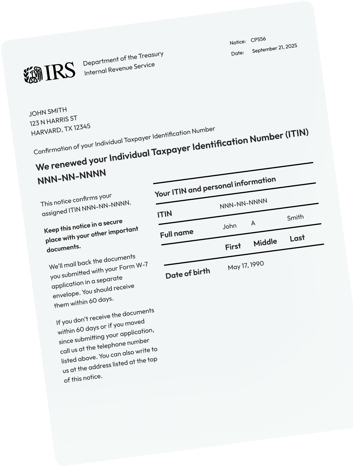 Sample ITIN confirmation document